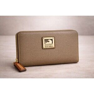 Dooney & Bourke Pebble Grain Leather Zip Around Wallet Taupe Beige Large Logo